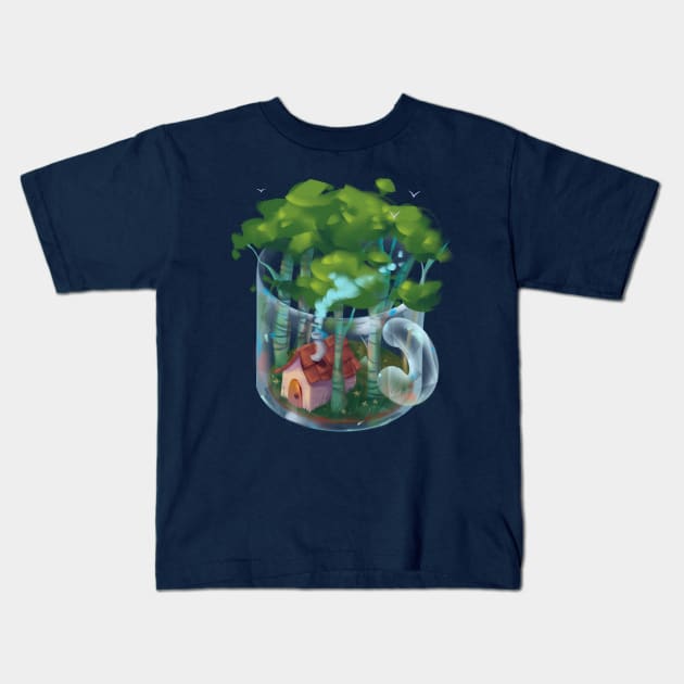 Cozy Forest in a Mug Kids T-Shirt by Claire Lin